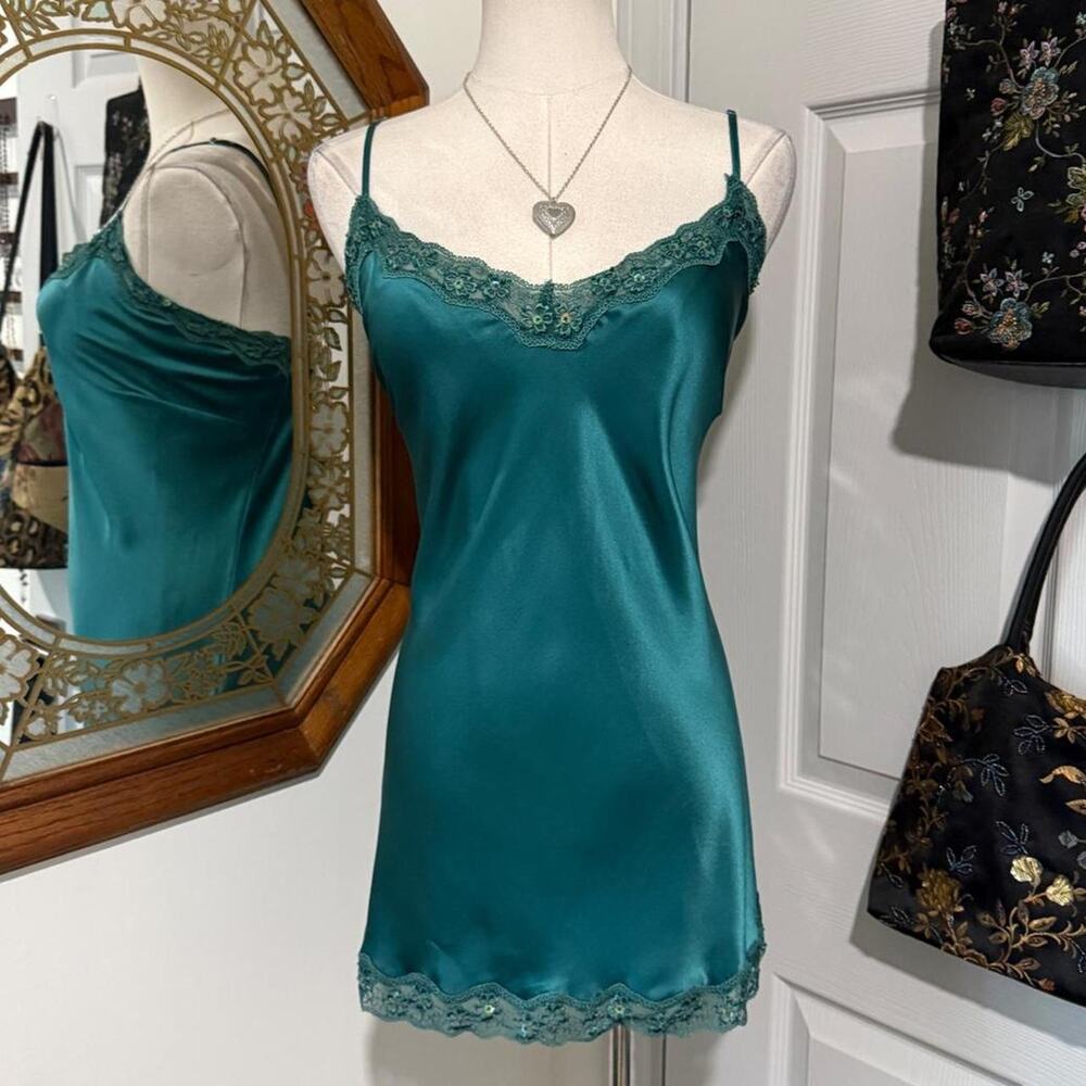 NWT VTG Y2K Ninety Teal Blue Beaded Sequin Lace Trim 100% Silk Fairycore Top 1X